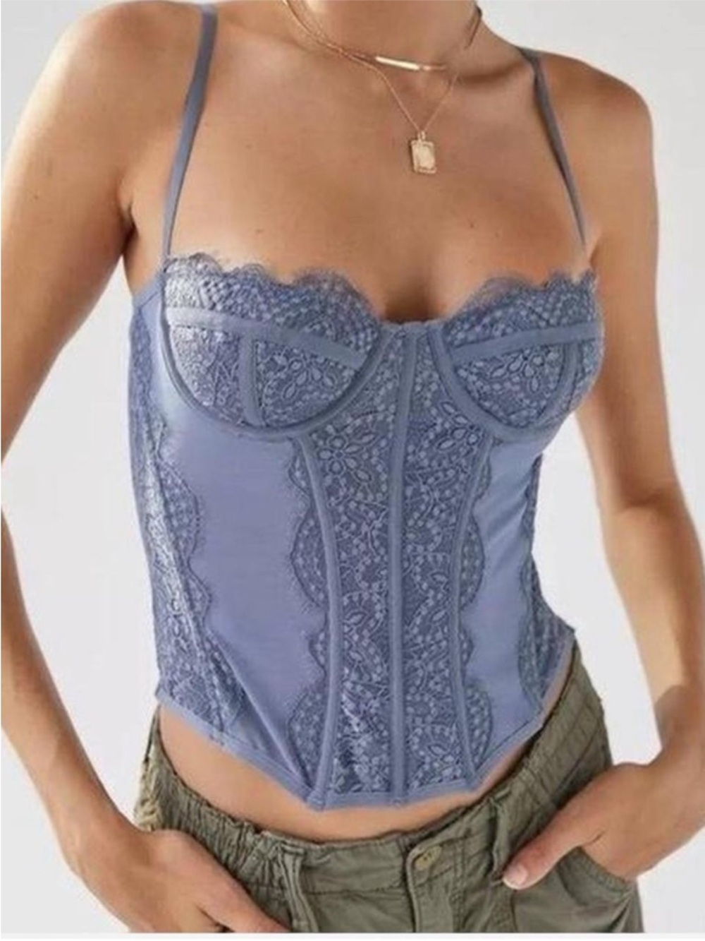 Out From Under Urban Outfitters Modern Love Corset Lace Top Dusty Slate Blue- S